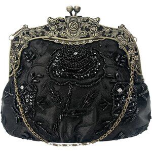 Stunning Black Sequin Clutch Handbag with Rose Kiss Lock - Perfect for Weddings